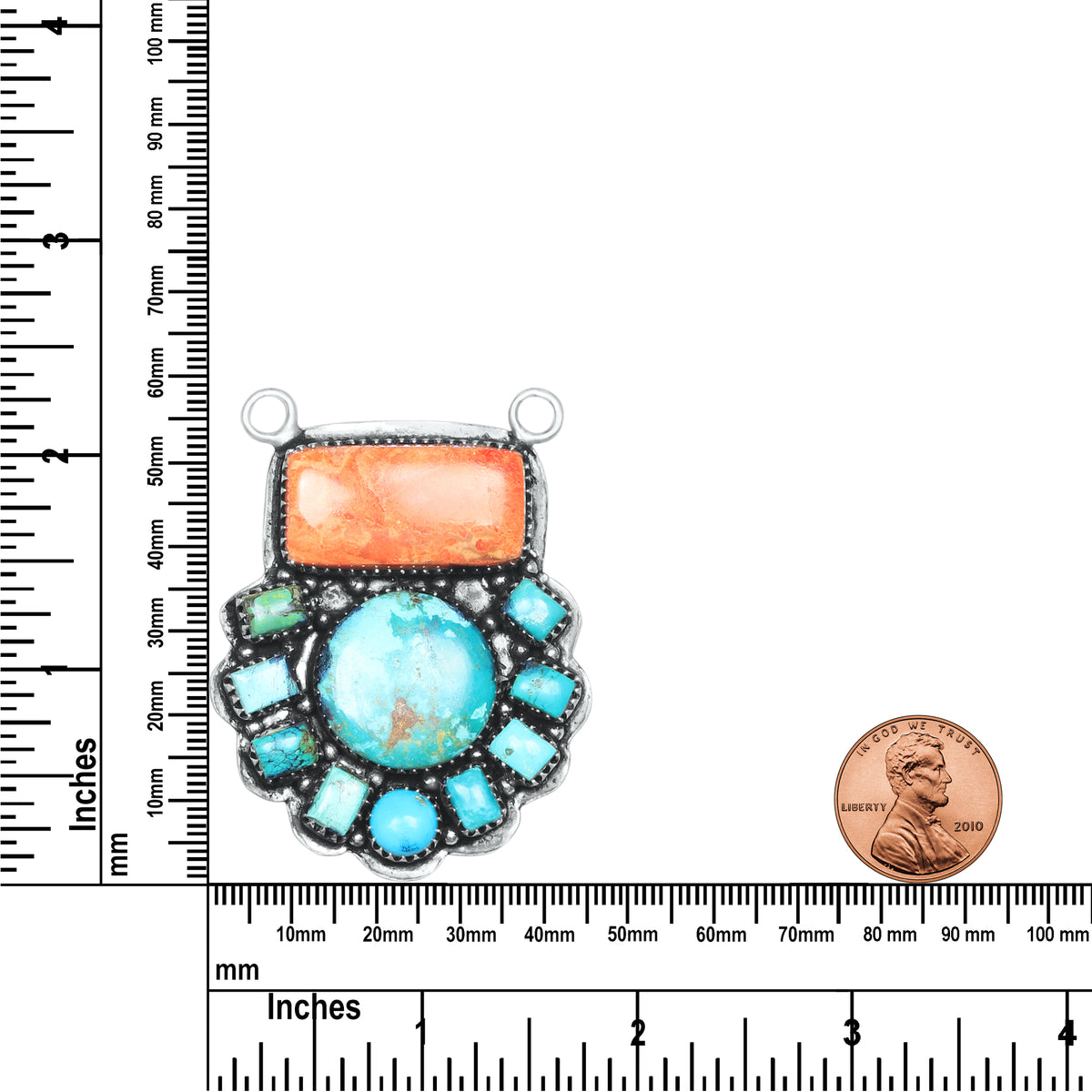 Navajo Sponge Coral & Turquoise Scallop Necklace | Oxidized Silver Plated Brass | 24" Chain