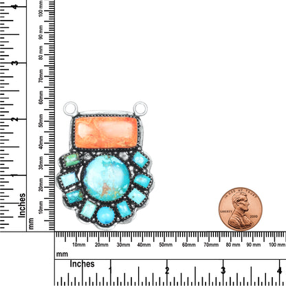 Navajo Sponge Coral & Turquoise Scallop Necklace | Oxidized Silver Plated Brass | 24" Chain