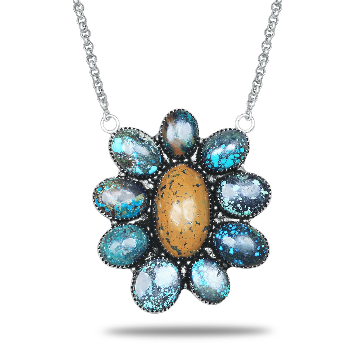 Navajo Turquoise Blue Aster Necklace | Oxidized Silver Plated Brass | 24" Chain