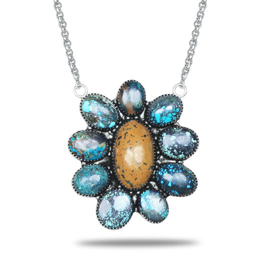 Navajo Turquoise Blue Aster Necklace | Oxidized Silver Plated Brass | 24" Chain