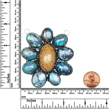 Navajo Turquoise Blue Aster Necklace | Oxidized Silver Plated Brass | 24" Chain