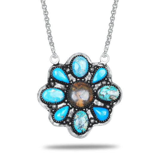 Navajo Turquoise Star Blossom Necklace | Oxidized Silver Plated Brass | 24" Chain