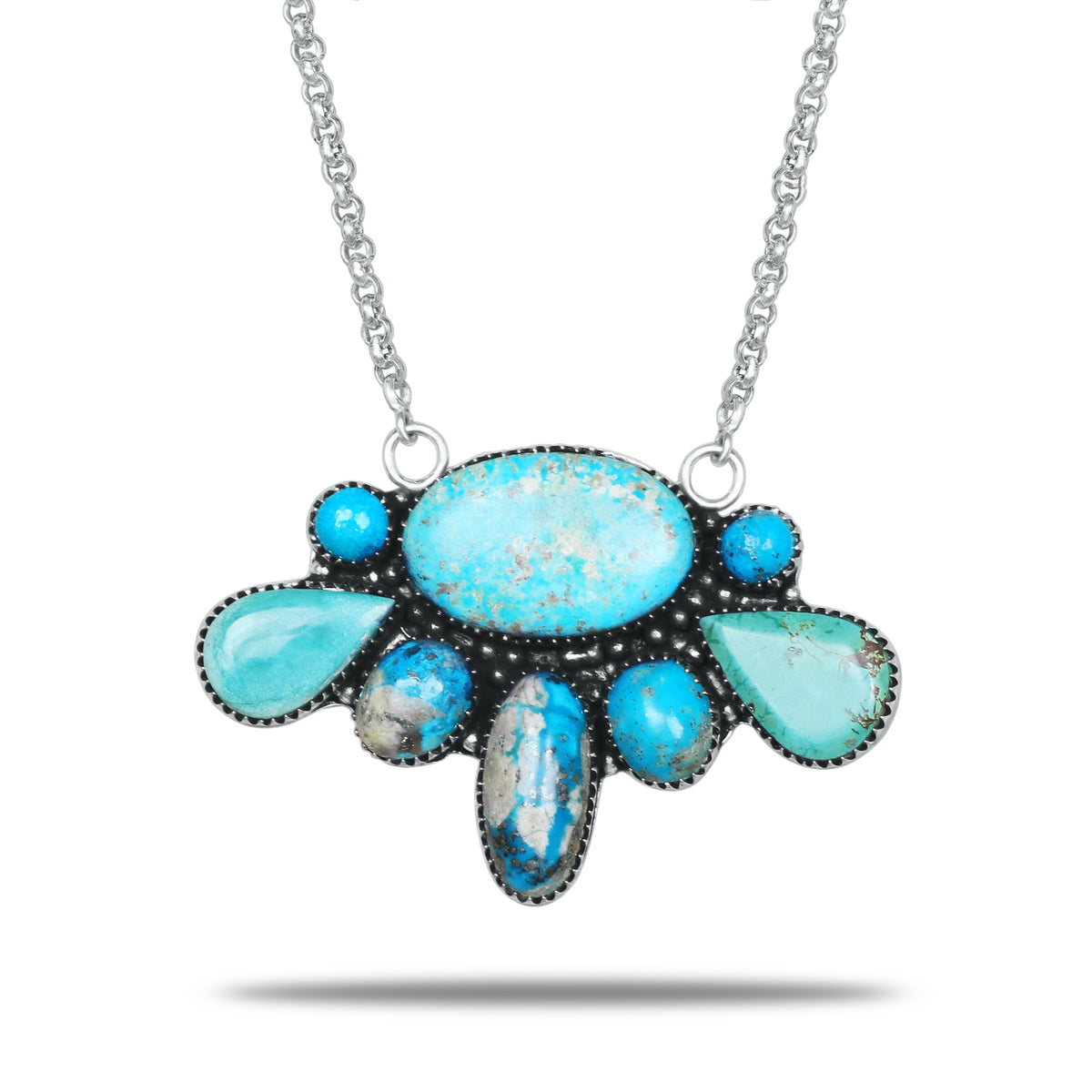 Navajo Turquoise Fan Cluster Necklace | Oxidized Silver Plated Brass | 24" Chain
