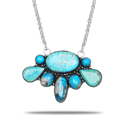 Navajo Turquoise Fan Cluster Necklace | Oxidized Silver Plated Brass | 24" Chain