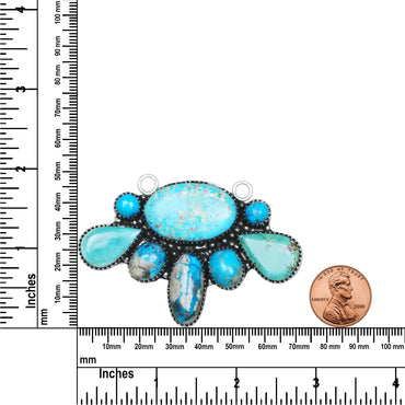 Navajo Turquoise Fan Cluster Necklace | Oxidized Silver Plated Brass | 24" Chain