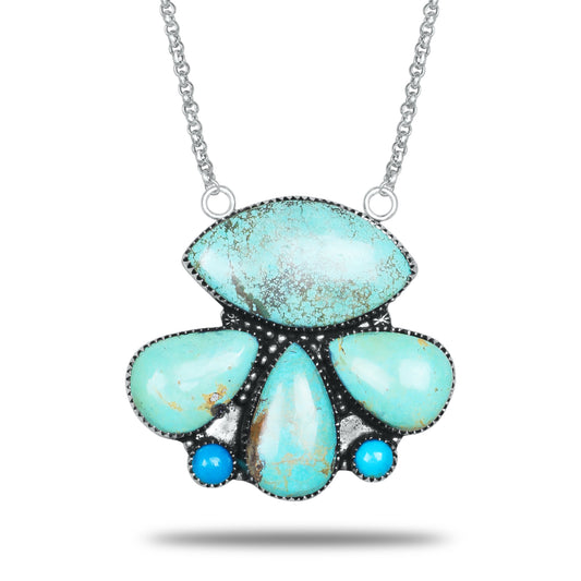 Navajo Turquoise Marquise Fan Necklace | Oxidized Silver Plated Brass | 24" Chain