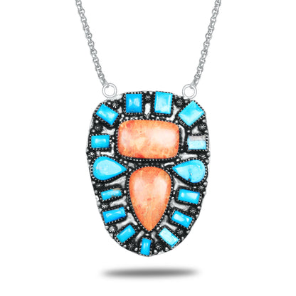 Navajo Sponge Coral & Turquoise Shield Necklace | Oxidized Silver Plated Brass | 24" Chain