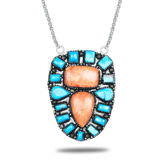Navajo Sponge Coral & Turquoise Shield Necklace | Oxidized Silver Plated Brass | 24" Chain
