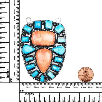 Navajo Sponge Coral & Turquoise Shield Necklace | Oxidized Silver Plated Brass | 24" Chain