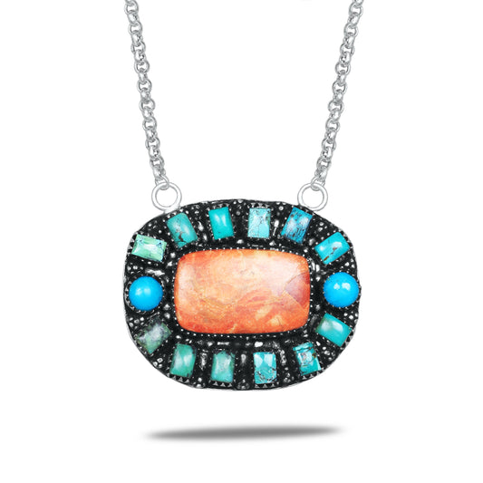 Navajo Sponge Coral & Turquoise Medallion Necklace | Oxidized Silver Plated Brass | 24" Chain