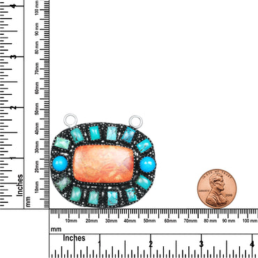Navajo Sponge Coral & Turquoise Medallion Necklace | Oxidized Silver Plated Brass | 24" Chain