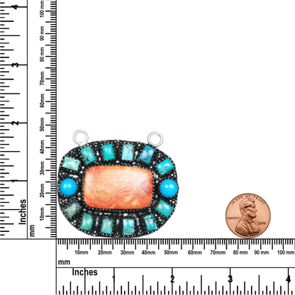 Navajo Sponge Coral & Turquoise Medallion Necklace | Oxidized Silver Plated Brass | 24" Chain
