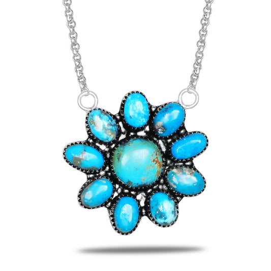 Navajo Turquoise Blue Daisy Necklace | Oxidized Silver Plated Brass | 24" Chain