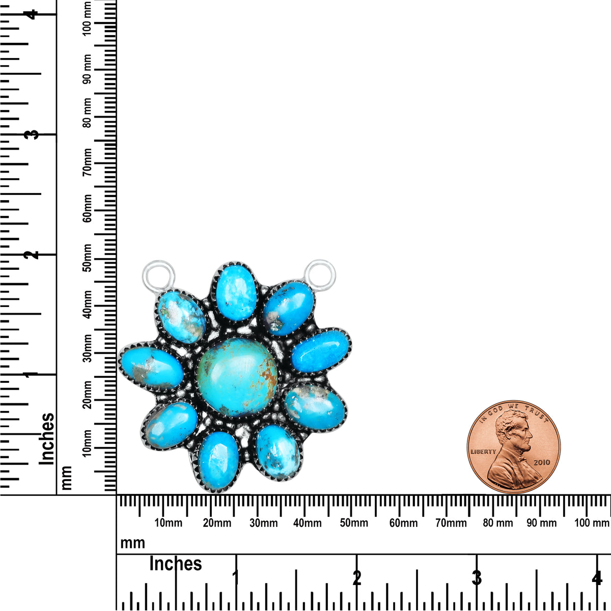 Navajo Turquoise Blue Daisy Necklace | Oxidized Silver Plated Brass | 24" Chain