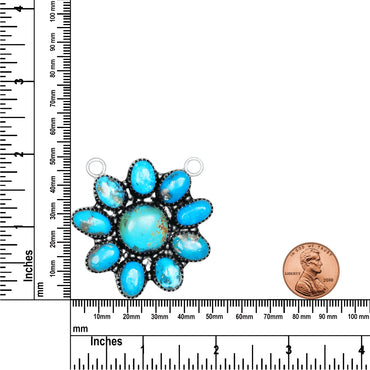 Navajo Turquoise Blue Daisy Necklace | Oxidized Silver Plated Brass | 24" Chain