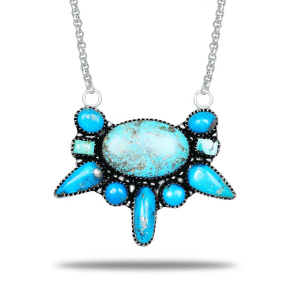 Navajo Turquoise Blue Star Necklace | Oxidized Silver Plated Brass | 24" Chain