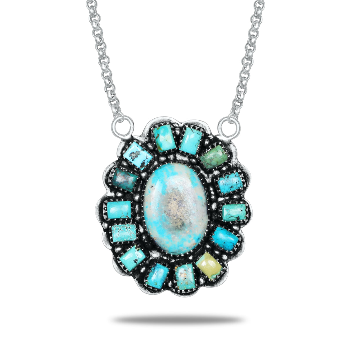 Navajo Turquoise Mosaic Halo Necklace | Oxidized Silver Plated Brass | 24" Chain