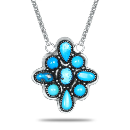 Navajo Turquoise Cluster Blossom Necklace | Oxidized Silver Plated Brass | 24" Chain