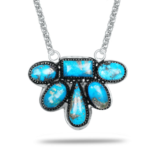 Navajo Turquoise Fan Bar Necklace | Oxidized Silver Plated Brass | 24" Chain
