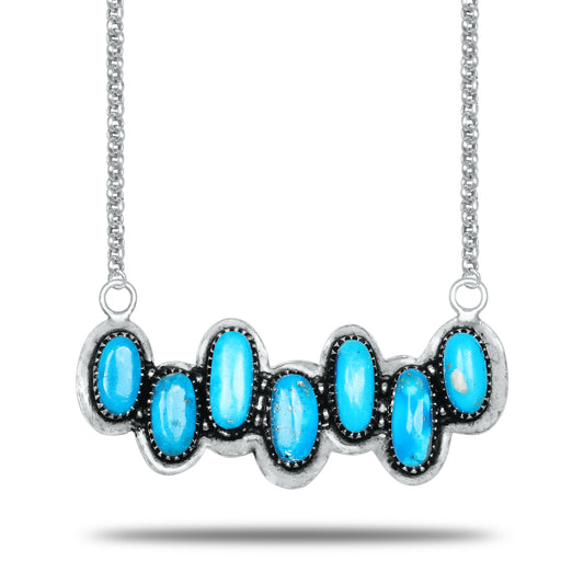 Navajo Turquoise Wave Bar Necklace | Oxidized Silver Plated Brass | 24" Chain