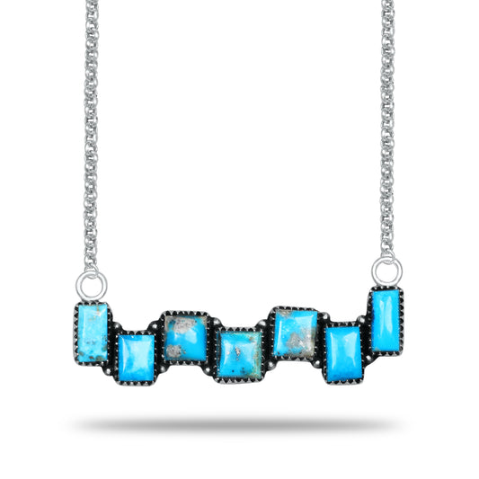 Navajo Turquoise Rectangle Bar Necklace | Oxidized Silver Plated Brass | 24" Chain