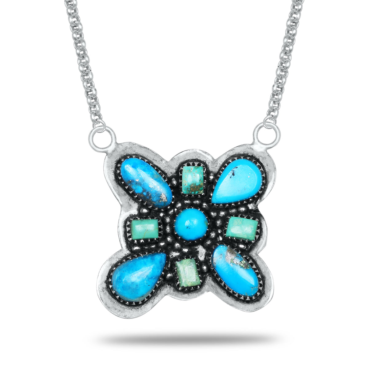 Navajo Turquoise Cross Blossom Necklace | Oxidized Silver Plated Brass | 24" Chain