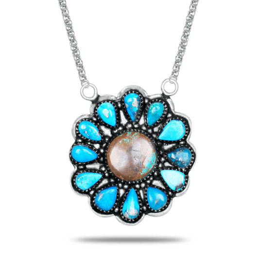 Navajo Turquoise Golden Matrix Blossom Necklace | Oxidized Silver Plated Brass | 24" Chain