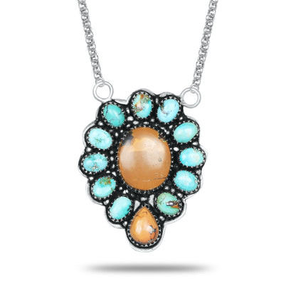 Navajo Turquoise Oval Matrix Cluster Necklace | Oxidized Silver Plated Brass | 24" Chain