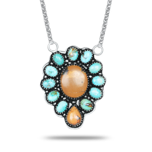 Navajo Turquoise Oval Matrix Cluster Necklace | Oxidized Silver Plated Brass | 24" Chain