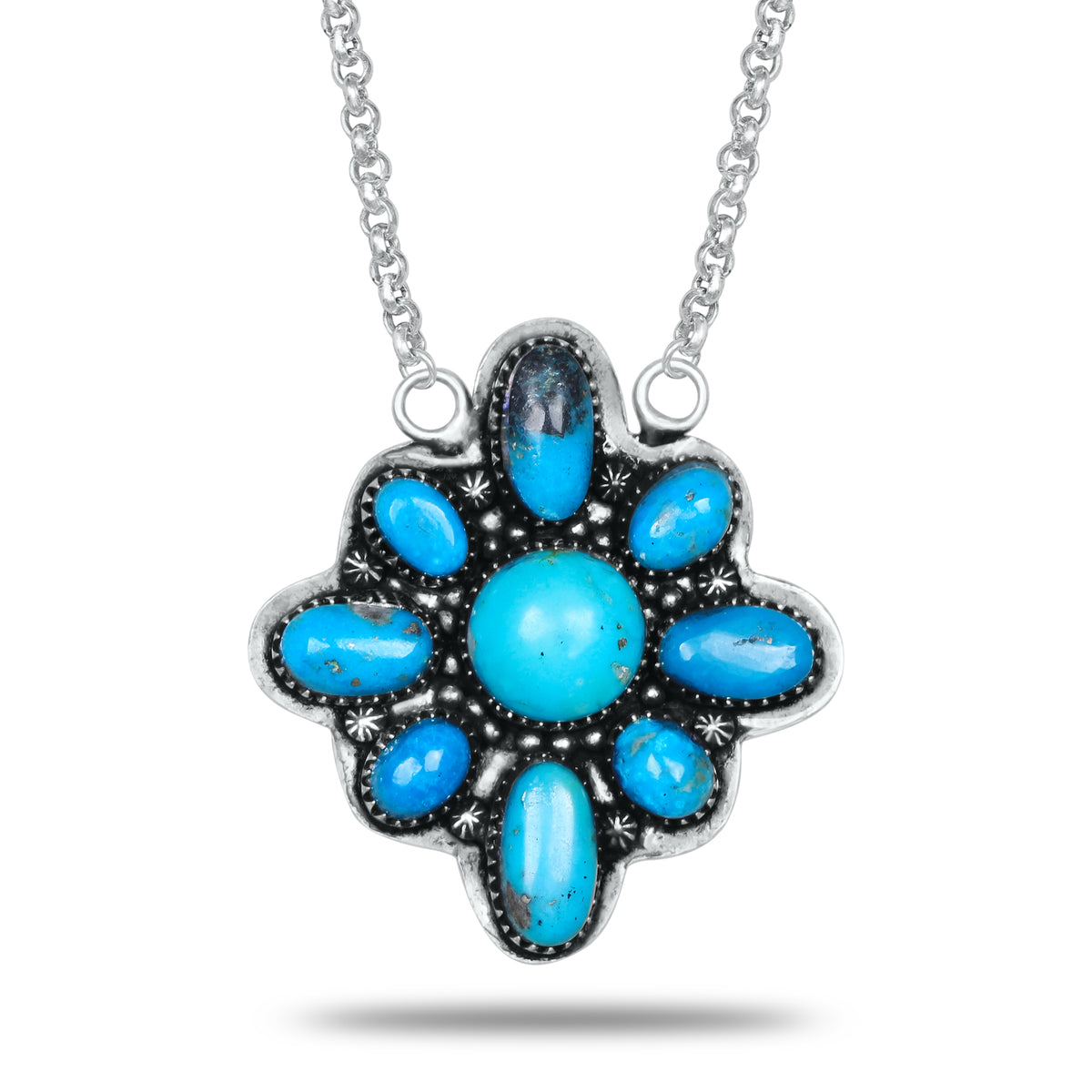 Navajo Turquoise Petite Cross Necklace | Oxidized Silver Plated Brass | 24" Chain