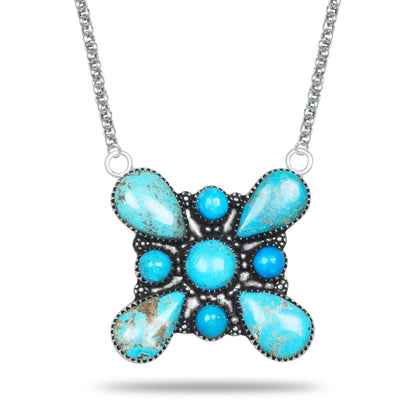 Navajo Turquoise Trillium Cross Necklace | Oxidized Silver Plated Brass | 24" Chain