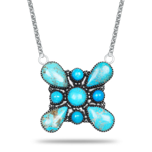 Navajo Turquoise Trillium Cross Necklace | Oxidized Silver Plated Brass | 24" Chain