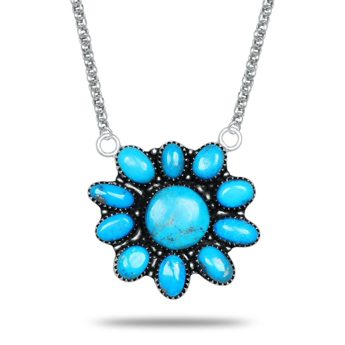 Navajo Turquoise Daisy Bloom Necklace | Oxidized Silver Plated Brass | 24" Chain