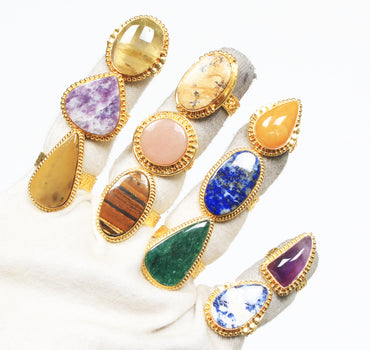 Handgefertigte Edelsteinringe im Bohemian- und Vintage-Stil mit Goldauflage – riesige Auswahl an Designs, Natursteine, vergoldet über Messing, gemischte Größen (US 6–10, UK LT, EU 52–61)