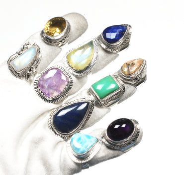 Natural Assorted Multi Crystal Solid 925 Sterling Silver Rings For Women, Wholesale Lot For Bulk Sale