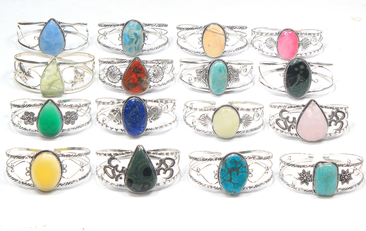 Chunky Gemstone Cuff Bangles – Silver-Plated, Handmade, Bold Boho Style | Wholesale