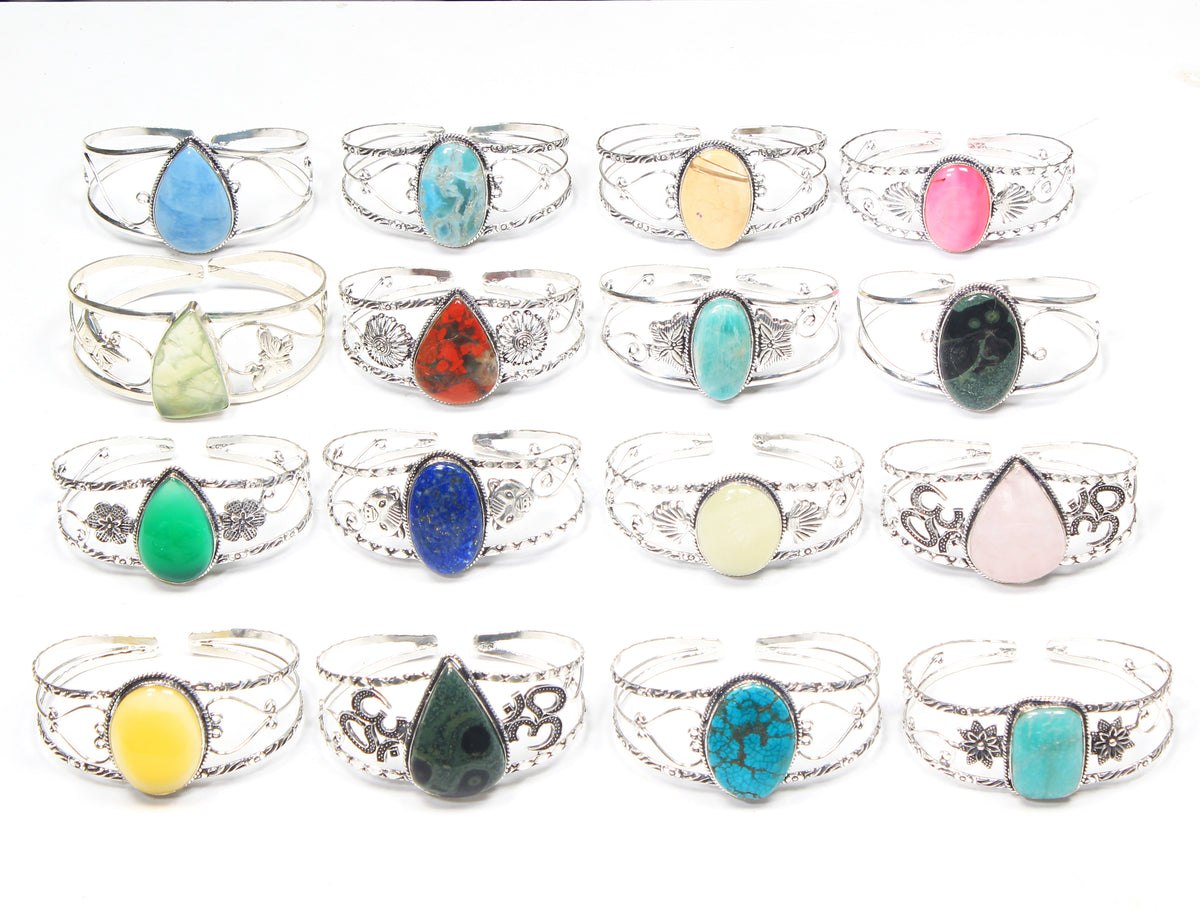 Chunky Gemstone Cuff Bangles – Silver-Plated, Handmade, Bold Boho Style | Wholesale