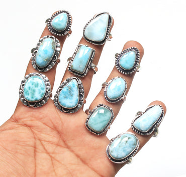 Larimar Gemstone Handmade Rings For Women Gift Solid Statement Rings Silver Plated Larimar Crystal Rings Jewelry