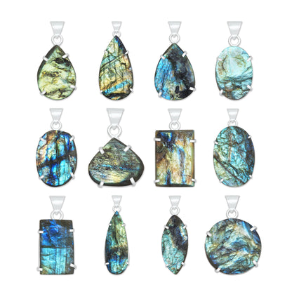 Labradorite Raw Stone Pendants – Prong Set | Silver‑Plated Brass (No Chain) | Wholesale Bundles