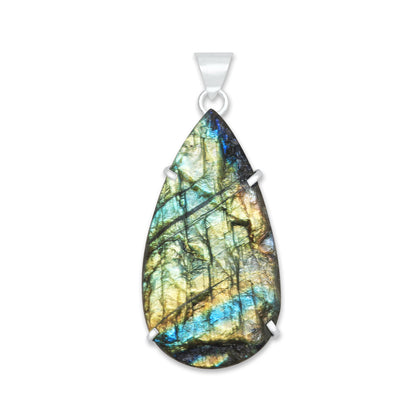 Labradorite Raw Stone Pendants – Prong Set | Silver‑Plated Brass (No Chain) | Wholesale Bundles