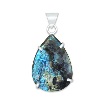 Labradorite Raw Stone Pendants – Prong Set | Silver‑Plated Brass (No Chain) | Wholesale Bundles
