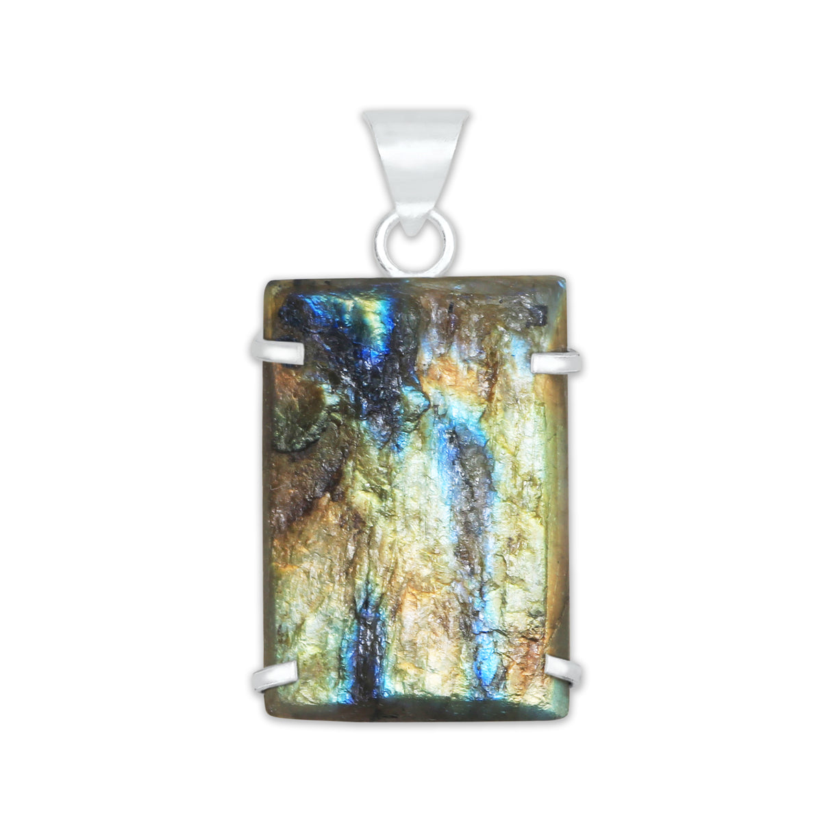 Labradorite Raw Stone Pendants – Prong Set | Silver‑Plated Brass (No Chain) | Wholesale Bundles