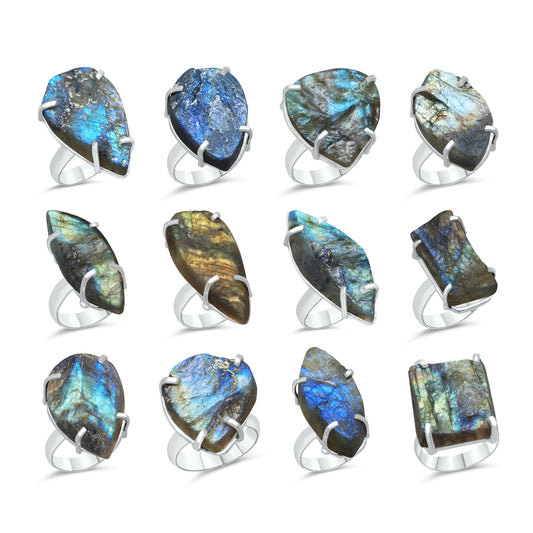 Labradorite Rough/Raw Stone Rings – Prong Set | Silver-Plated Brass | Wholesale Bundles