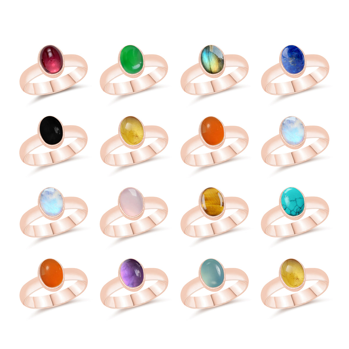 Smooth Plain Gemstone Rings – Multi-Shape | Silver / 18K Gold / 18K Rose | Bundles