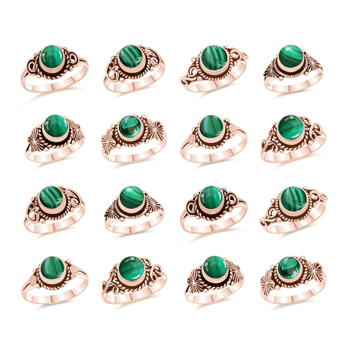 Dainty Malachite Rings – Silver, 18K Gold & Rose Gold Plated | Fixed Sizes US 5–9 | Wholesale Bundles