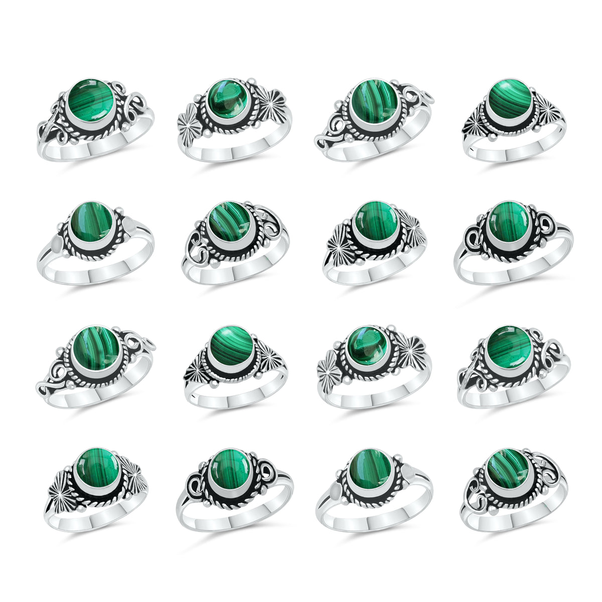 Dainty Malachite Rings – Silver, 18K Gold & Rose Gold Plated | Fixed Sizes US 5–9 | Wholesale Bundles