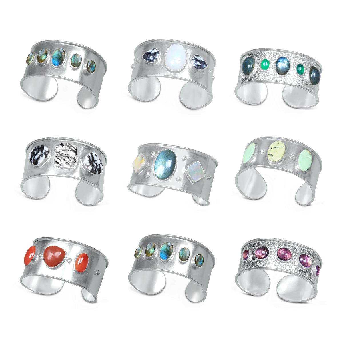 Statement Gemstone Bangles – Silver-Plated, Adjustable Handmade Cuffs | Wholesale (Made to Order)