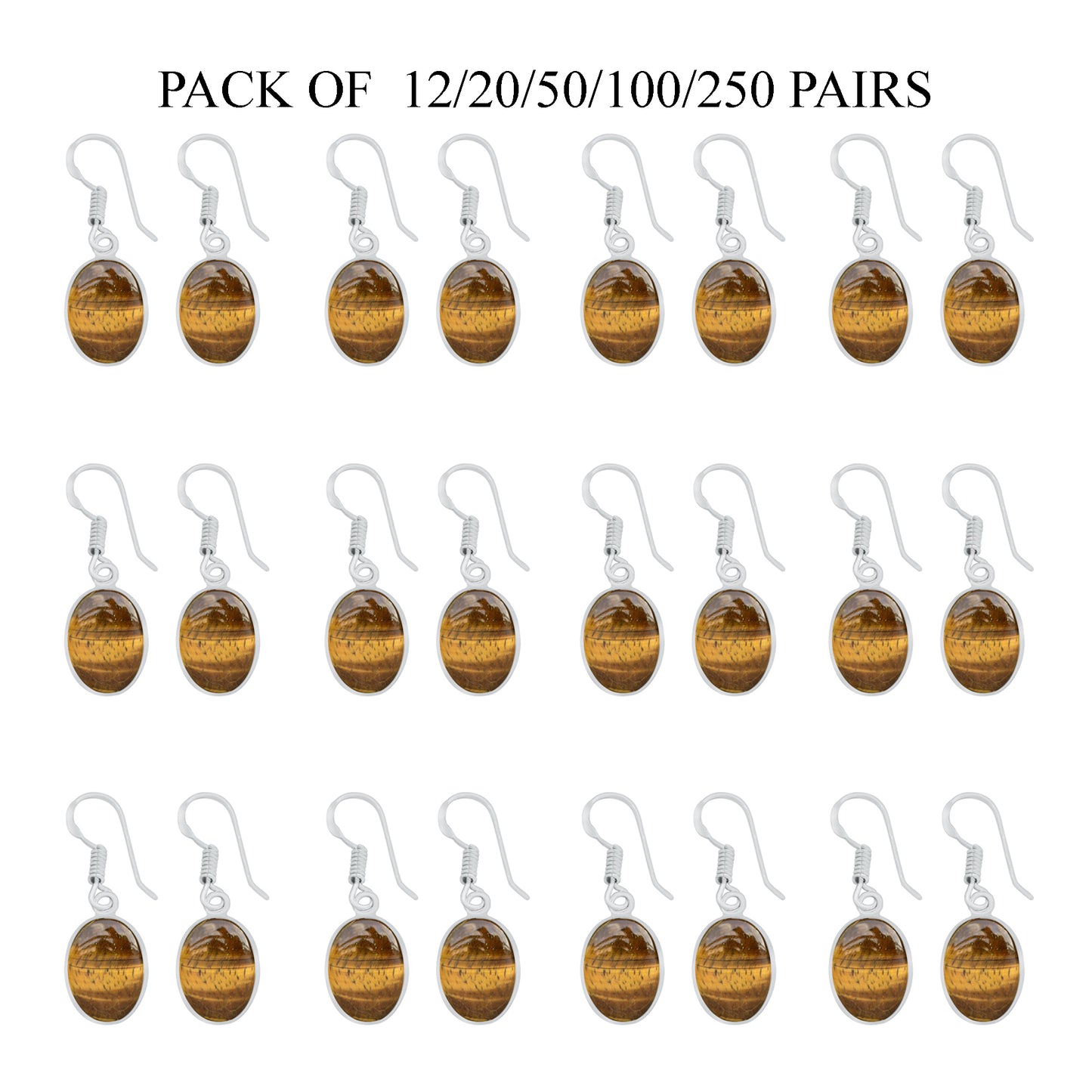 Boucles d'oreilles œil de tigre - Plaqué argent, délicates et minimalistes, vente en gros