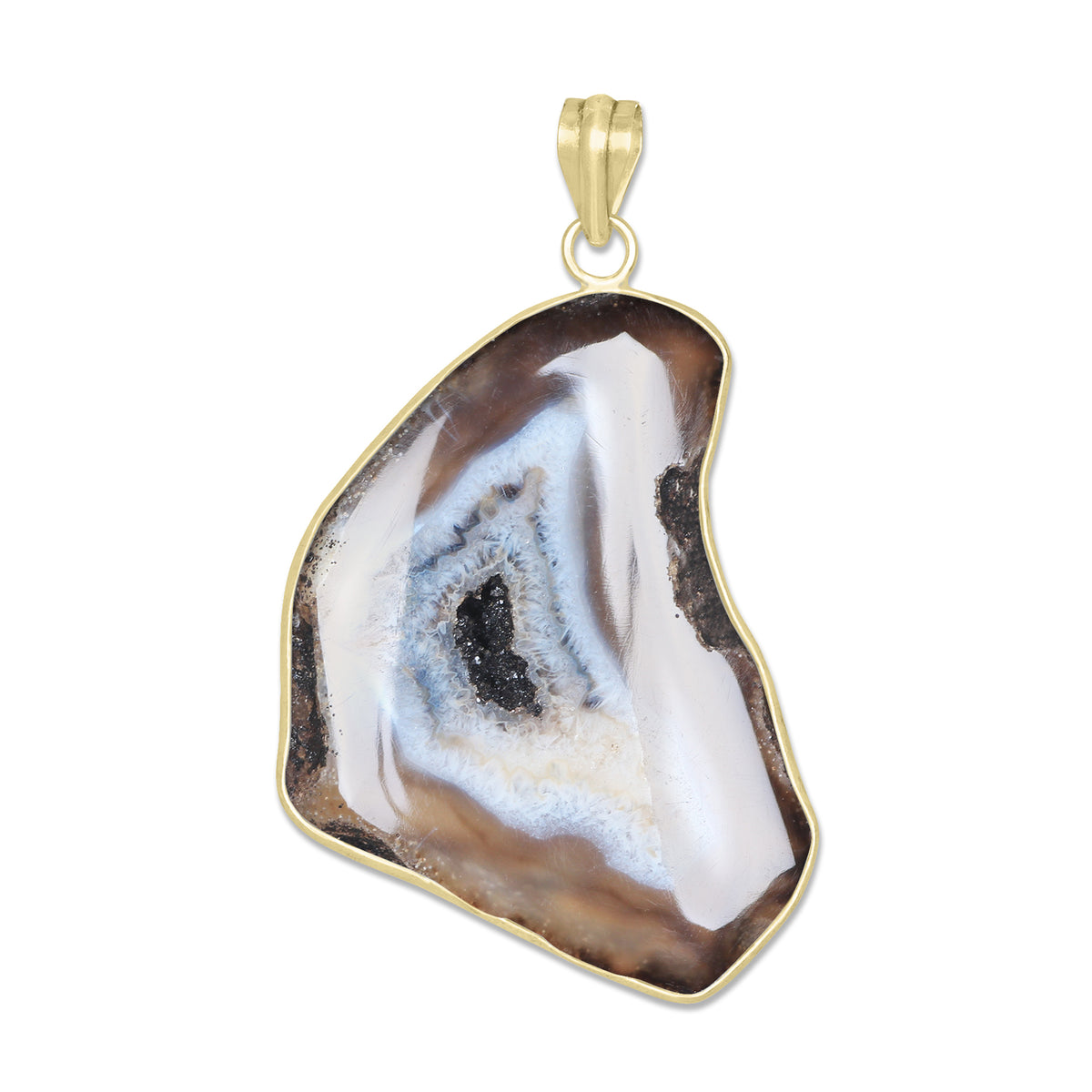 Natural Window Agate Druzy Pendants - Handmade Minimalist Jewelry, Brass with Gold Plating