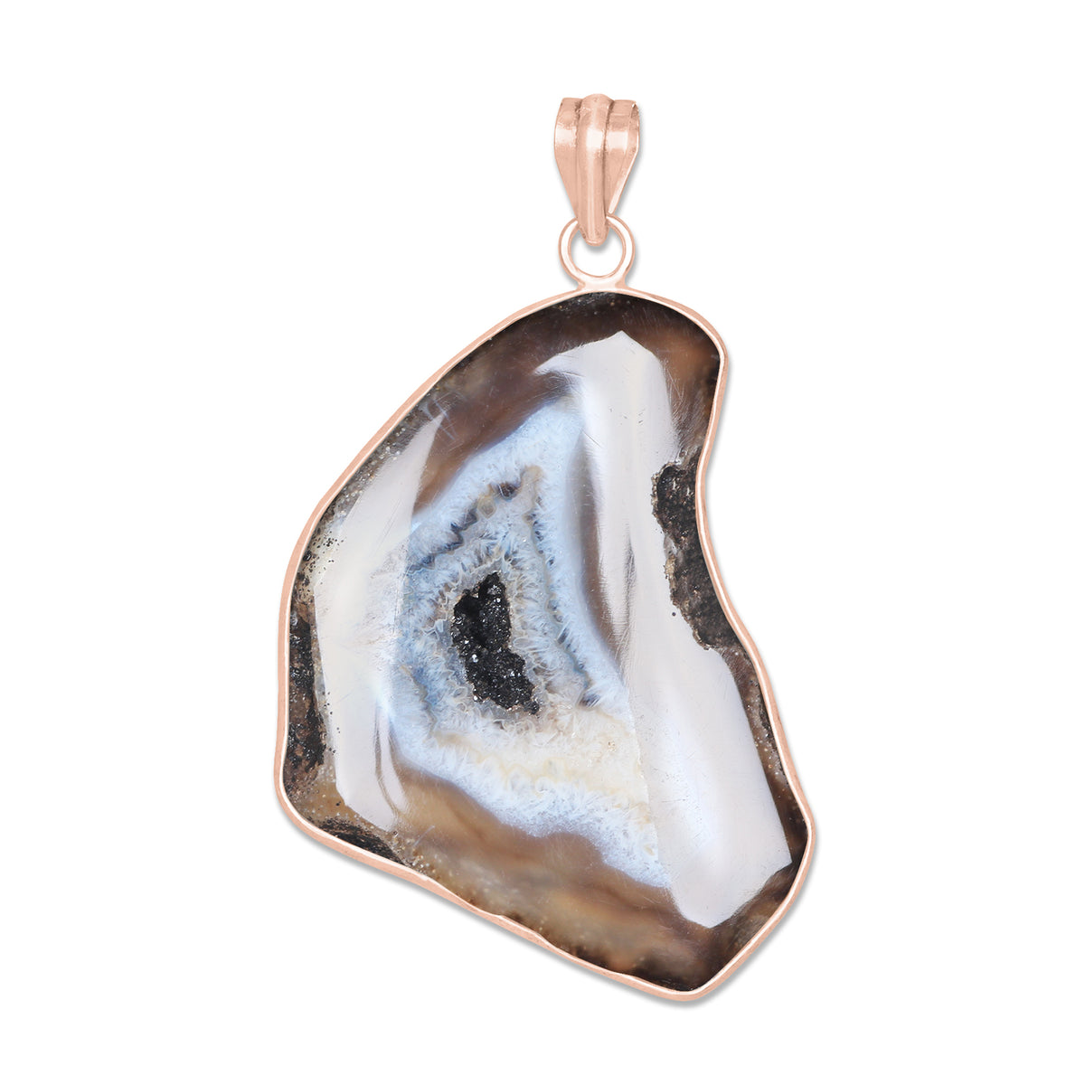 Natural Window Druzy Pendants - Handmade Minimalist Jewelry, Brass with Rose Gold Plating
